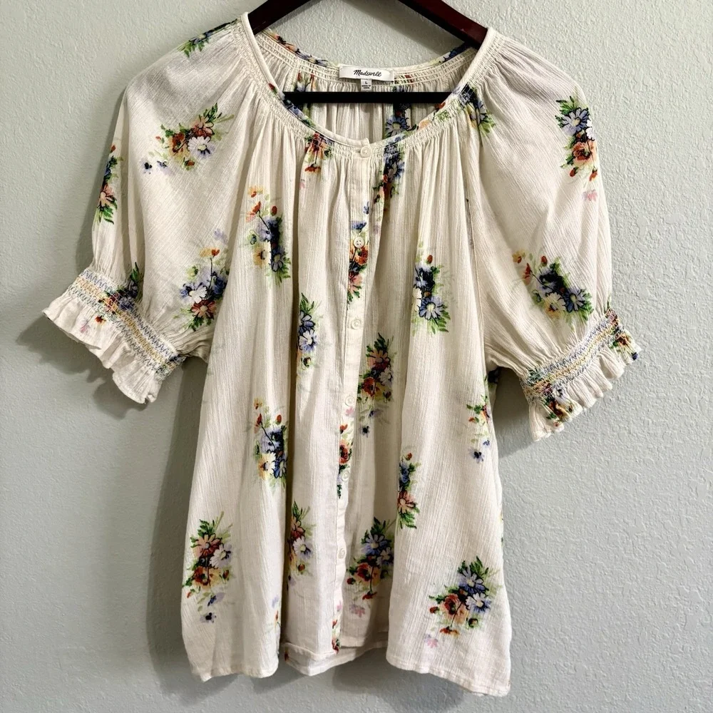 Madewell Floral Peasant Blouse Large Ivory Cotton Gauze Boho Cottagecore - Picture 2 of 9